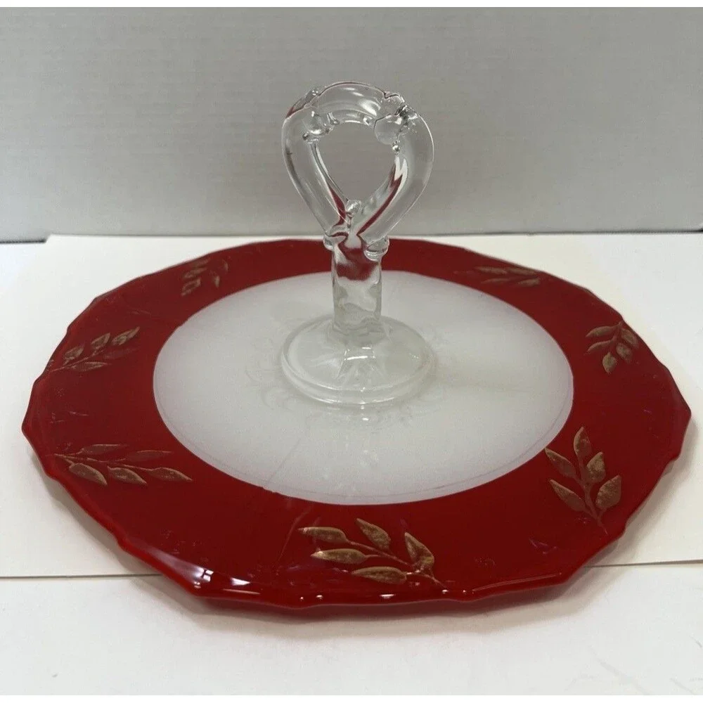 1920-1930's Art Deco Indiana Glass Classic Red & White Moderne Tidbit Tray